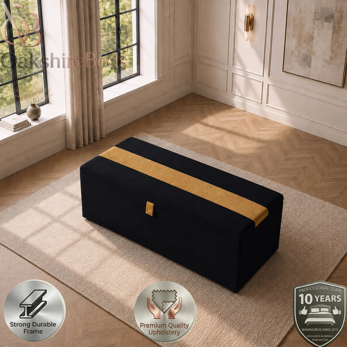 Bellagio blanket box shown in a contrasting trim colour gold