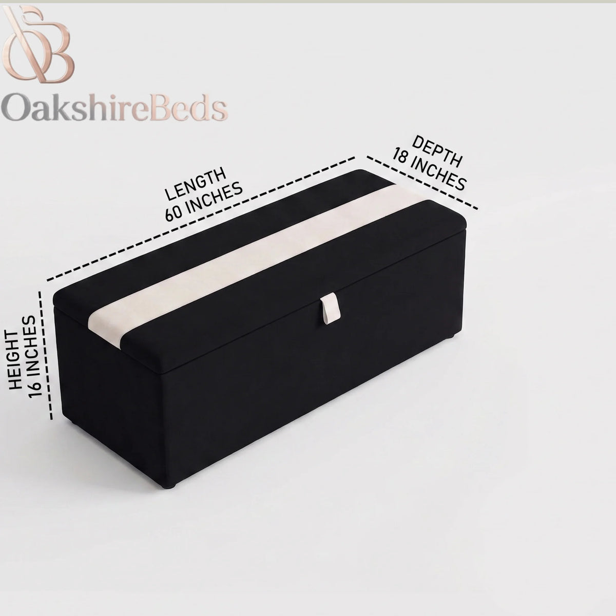 Bellagio blanket box size guide showing 16 inch height, 60 inch length and 18 inch depth