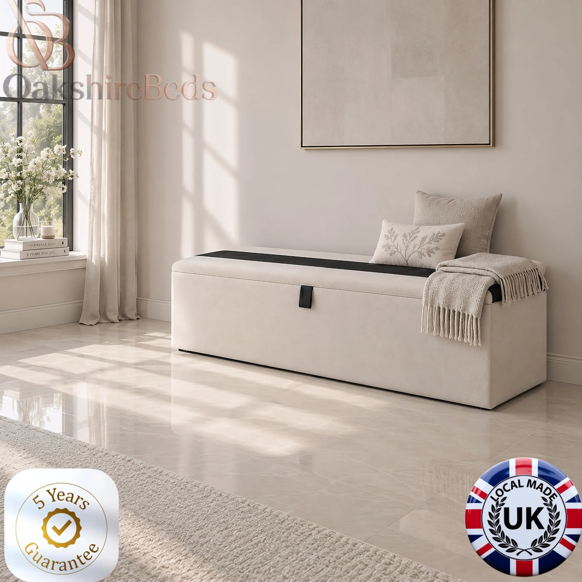 Bellagio blanket box positioned at the end of an upholstered bed