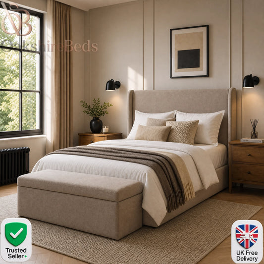 Benson Wing Luxury Upholstered Double Wingback Storage Bed