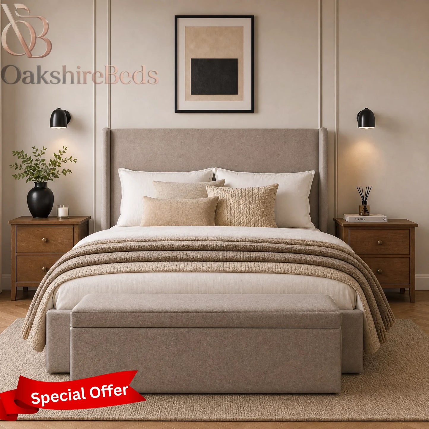 Benson Wing Luxury Upholstered Double Wingback Storage Bed
