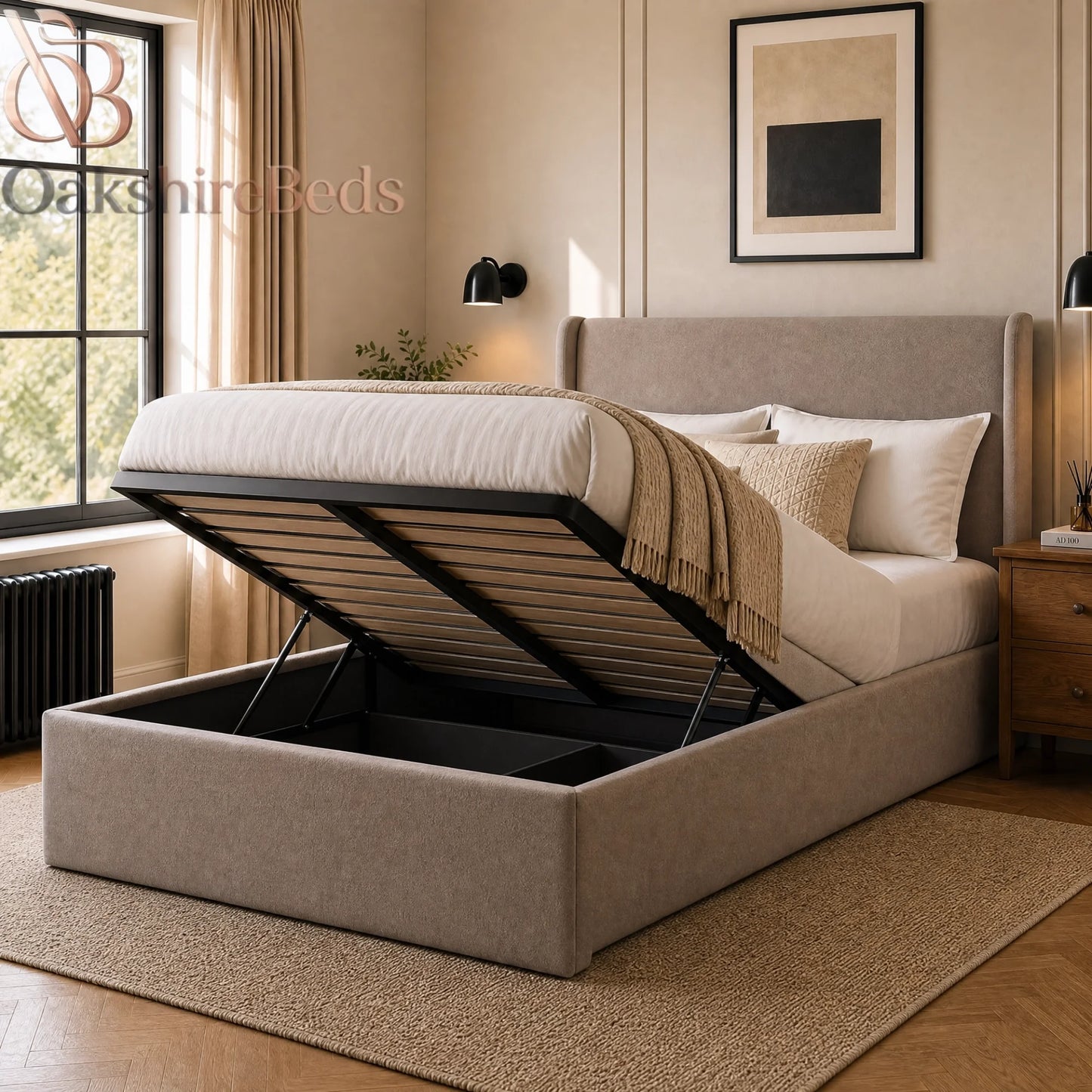Benson Wing Luxury Upholstered Double Wingback Storage Bed