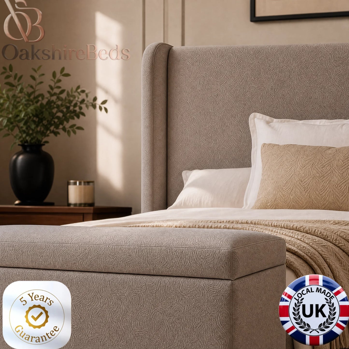 Benson Wing Luxury Upholstered Double Wingback Storage Bed