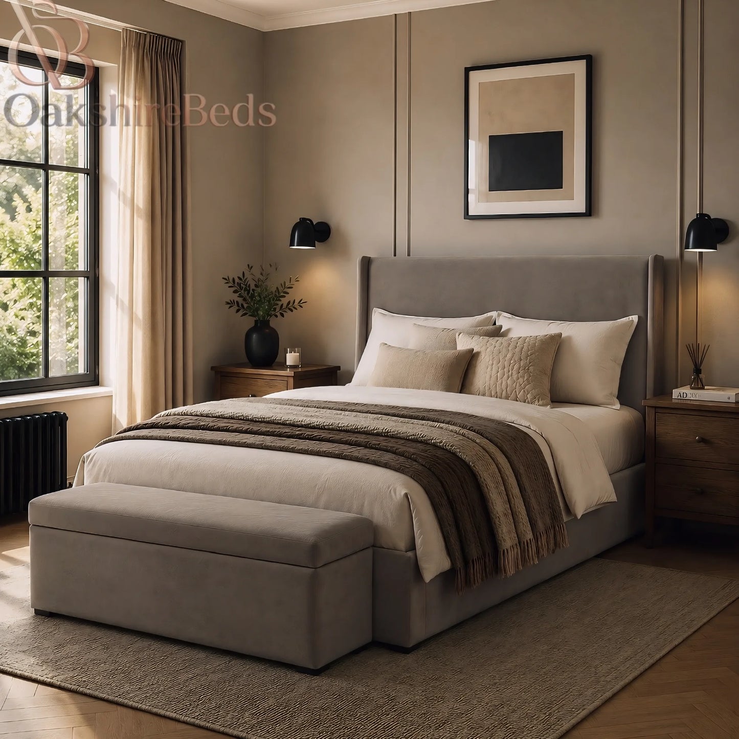 Benson Wing Luxury Upholstered Double Wingback Storage Bed