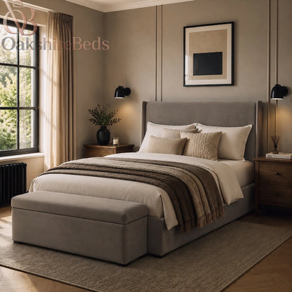 Benson Wing Luxury Upholstered Double Wingback Storage Bed
