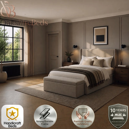 Benson Wing Luxury Upholstered Double Wingback Storage Bed