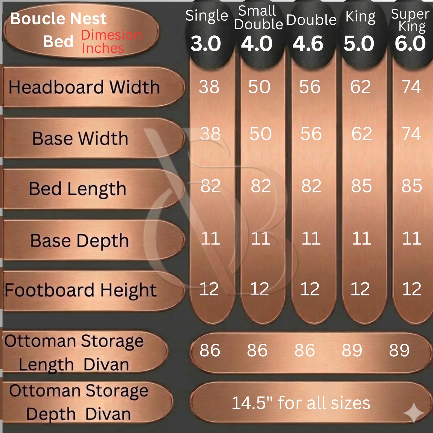 Bouclé Nest Bed size chart showing UK single, small double, double, king size and super king bed dimensions