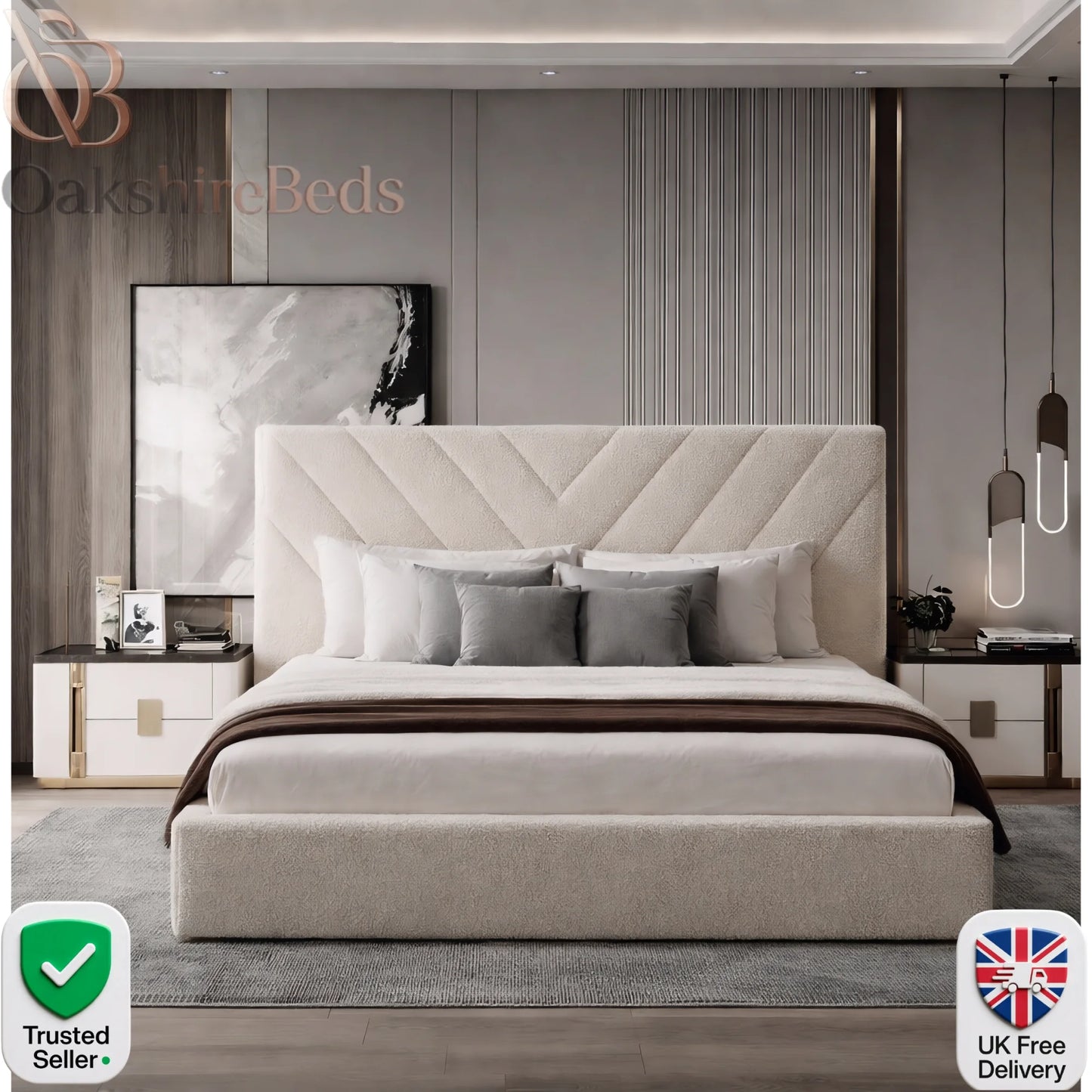 Bouclé Nest Bed UK by OakshireBeds in luxury cream bouclé fabric with modern upholstered headboard and soft cosy designer finish