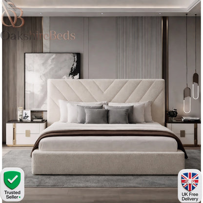 Bouclé Nest Bed UK by OakshireBeds in luxury cream bouclé fabric with modern upholstered headboard and soft cosy designer finish
