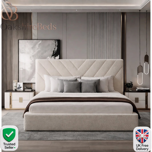 Bouclé Nest Bed UK by OakshireBeds in luxury cream bouclé fabric with modern upholstered headboard and soft cosy designer finish