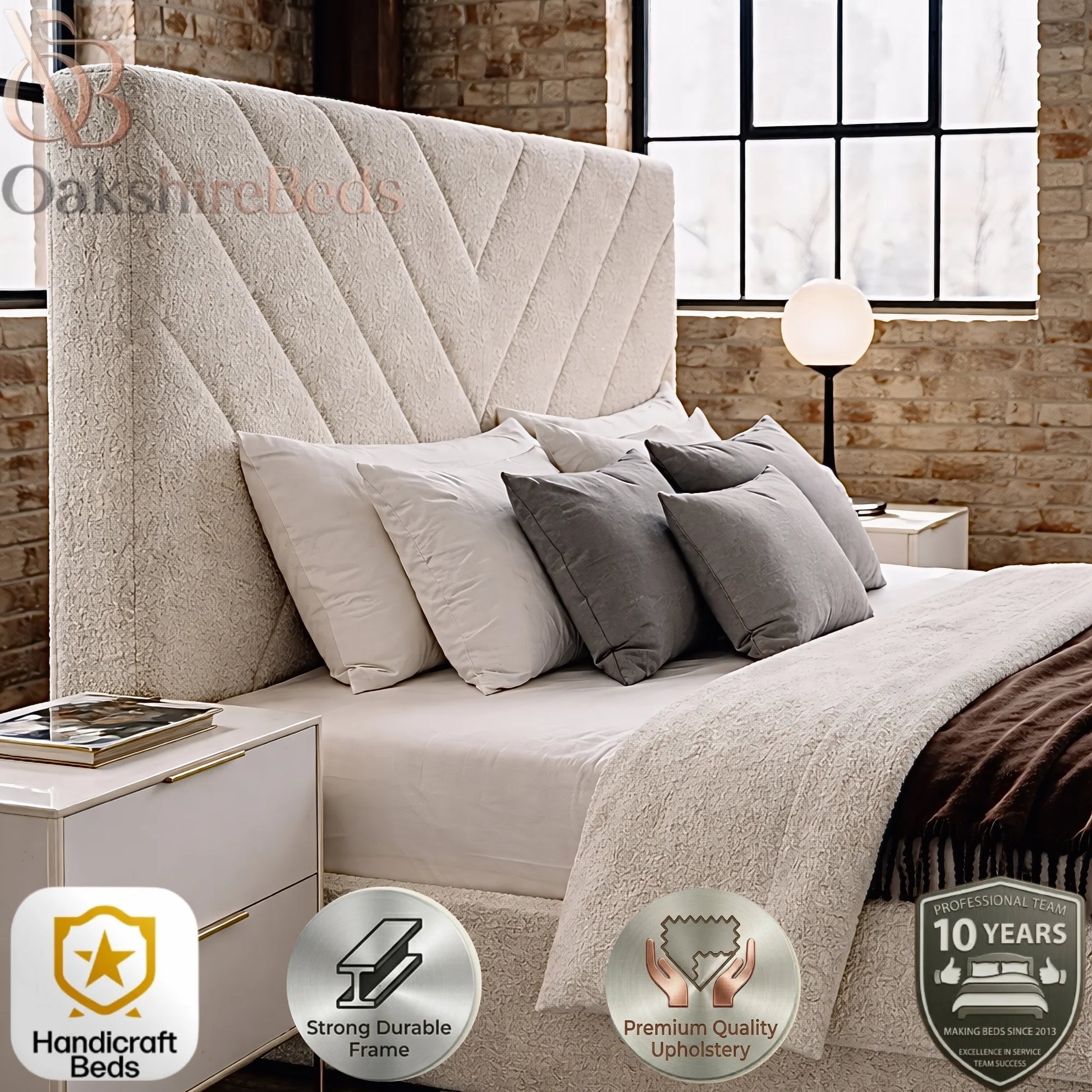 Close-up view of Bouclé Nest Bed showing premium textured bouclé upholstery, soft padded finish and luxury stitching detail