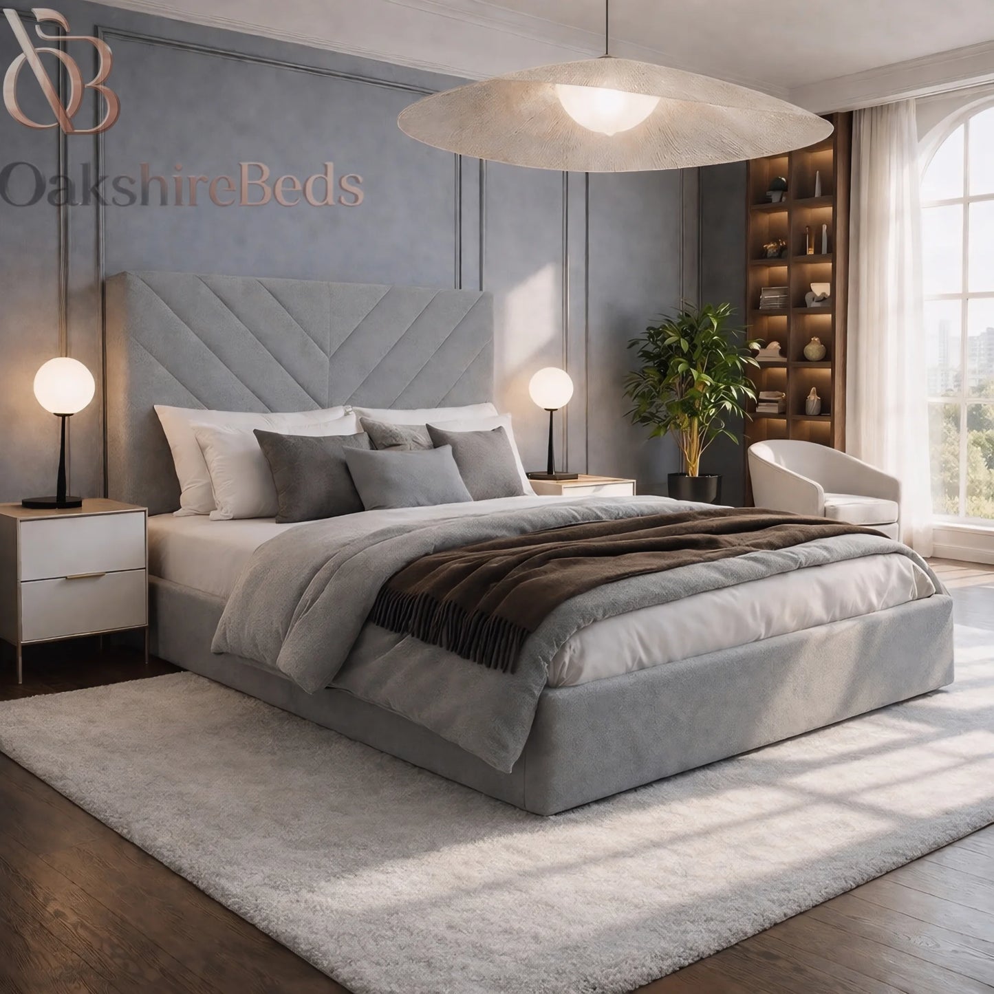 Luxury Bouclé Nest Bed styled in modern UK bedroom interior with cosy décor, soft textures and contemporary designer furniture