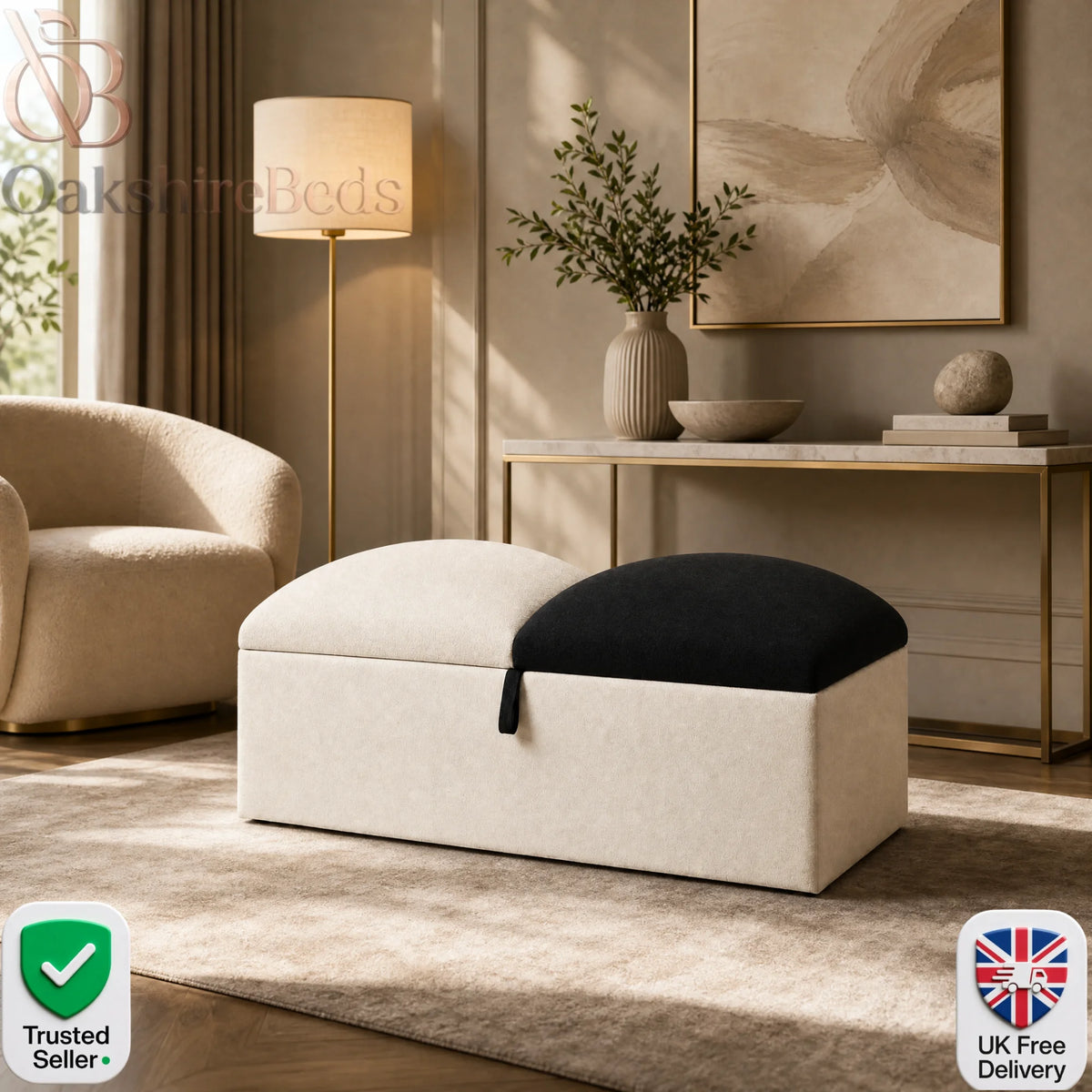 Cloudmere upholstered blanket box with rounded dual-design lid