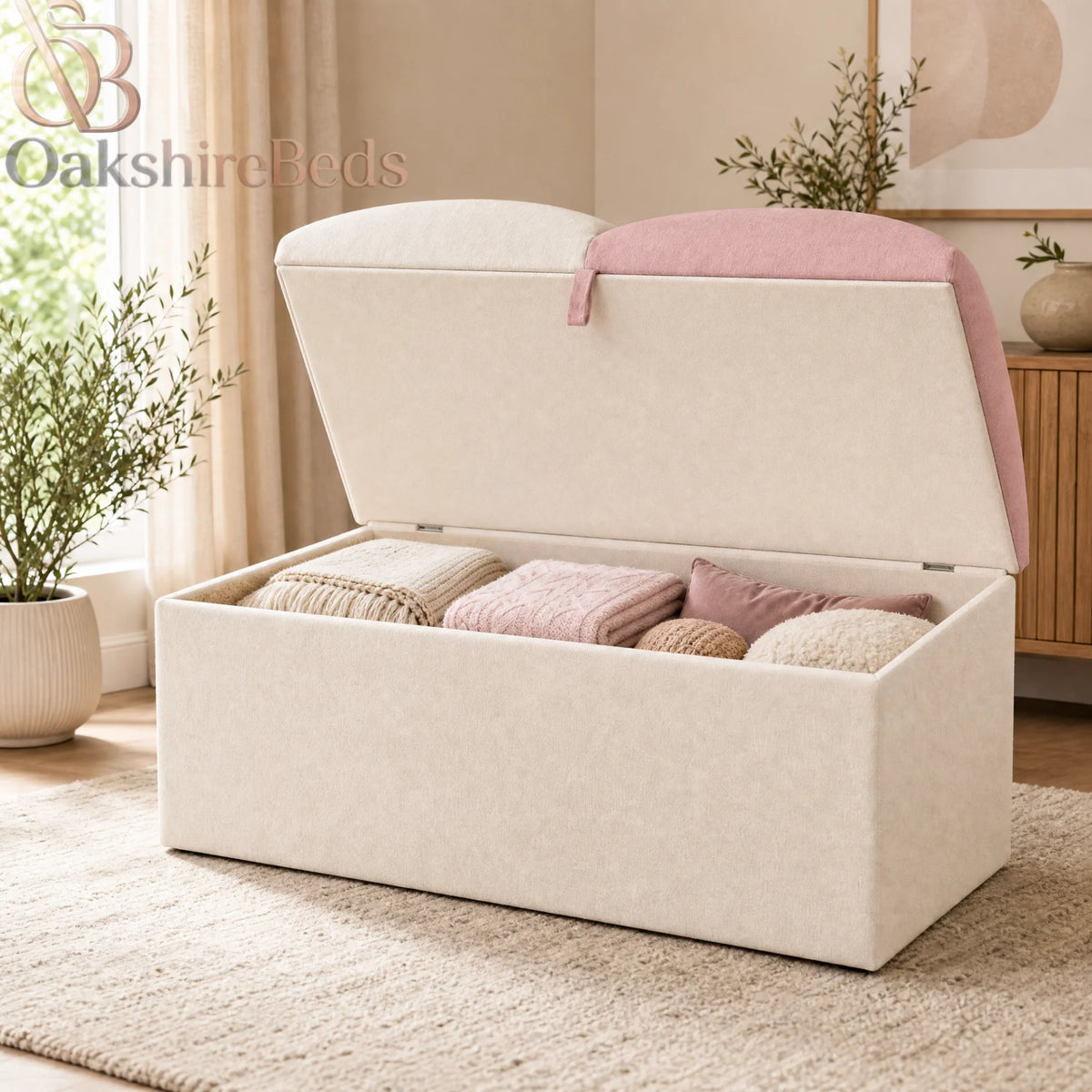Cloudmere blanket box open showing internal storage for bedding and throws
