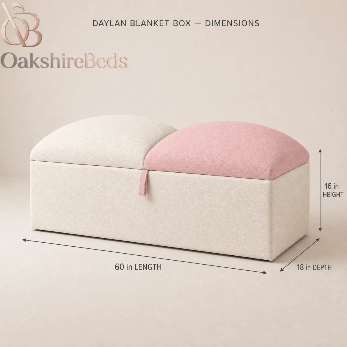 Cloudmere blanket box size guide showing 16 inch height, 60 inch length and 18 inch depth