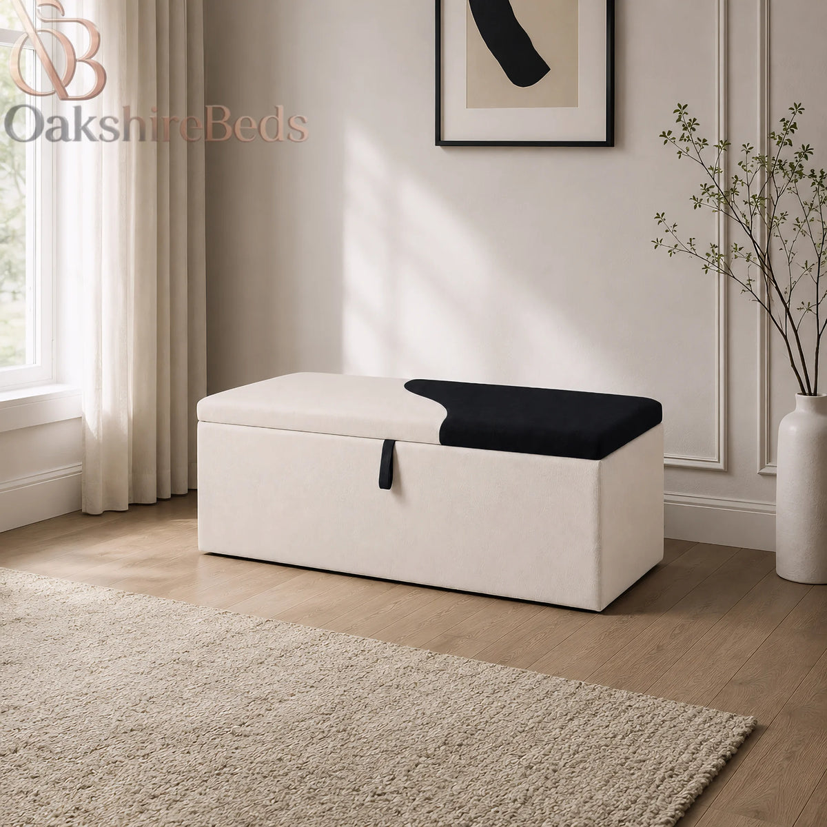 D'Dove upholstered blanket box at the end of a stylish bedroom bed seprate showing