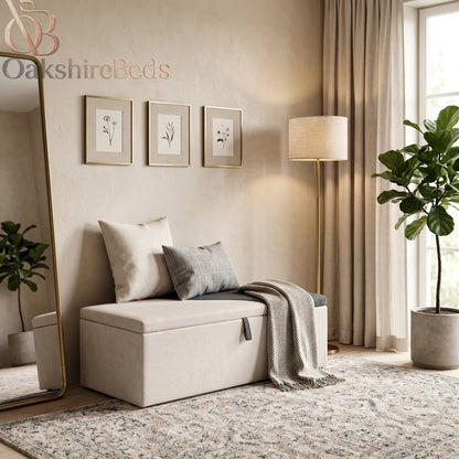 D'Dove upholstered blanket box at the end of a stylish bedroom bed
