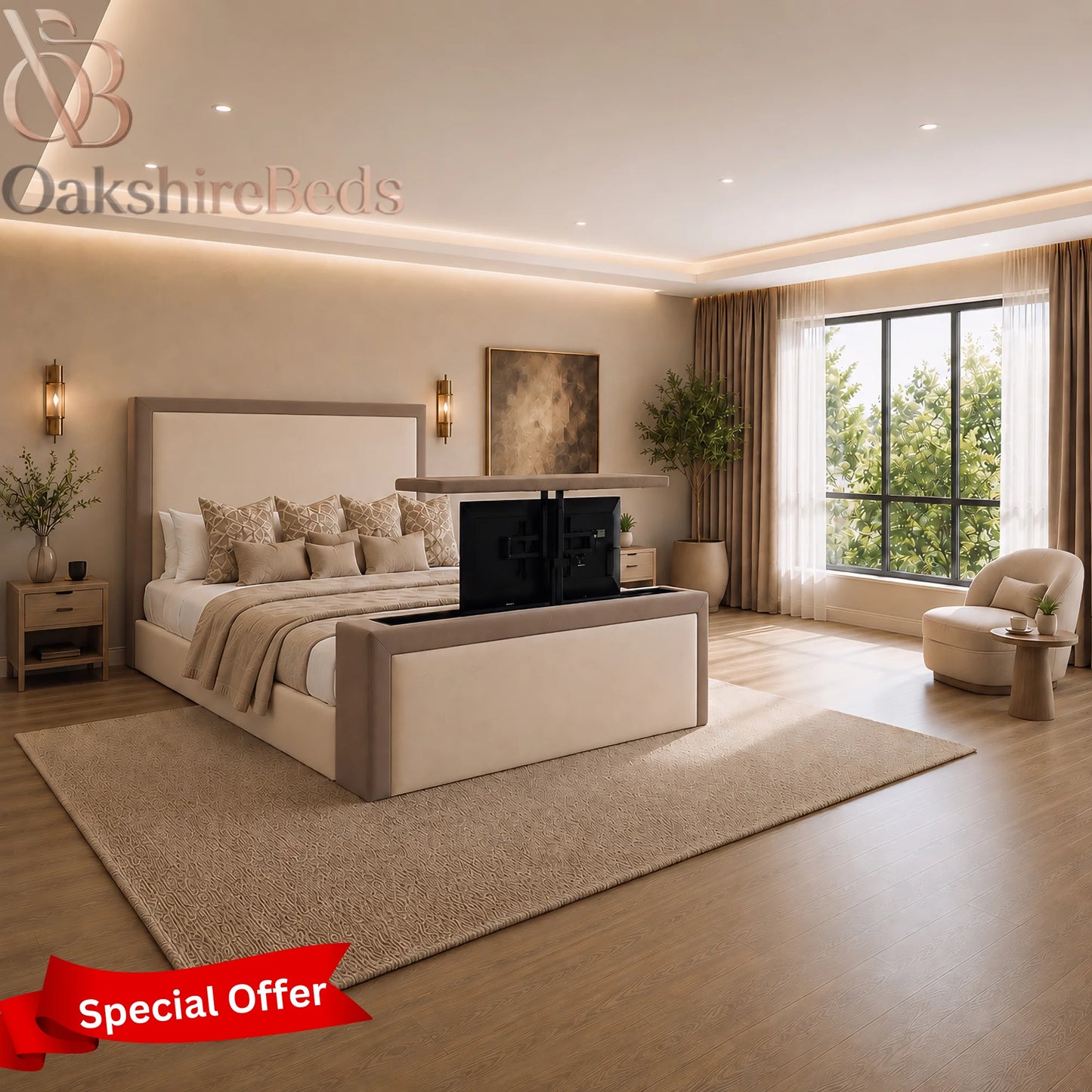 Duske TV Bed UK | Luxury Dual Design Upholstered TV Bed Frame | OakshireBeds