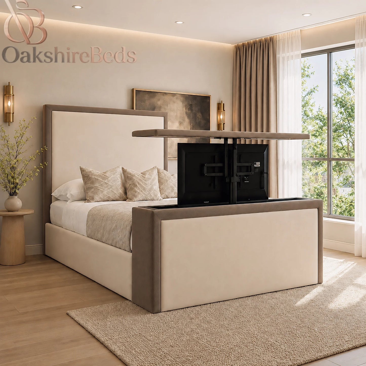 Duske TV Bed UK | Luxury Dual Design Upholstered TV Bed Frame | OakshireBeds