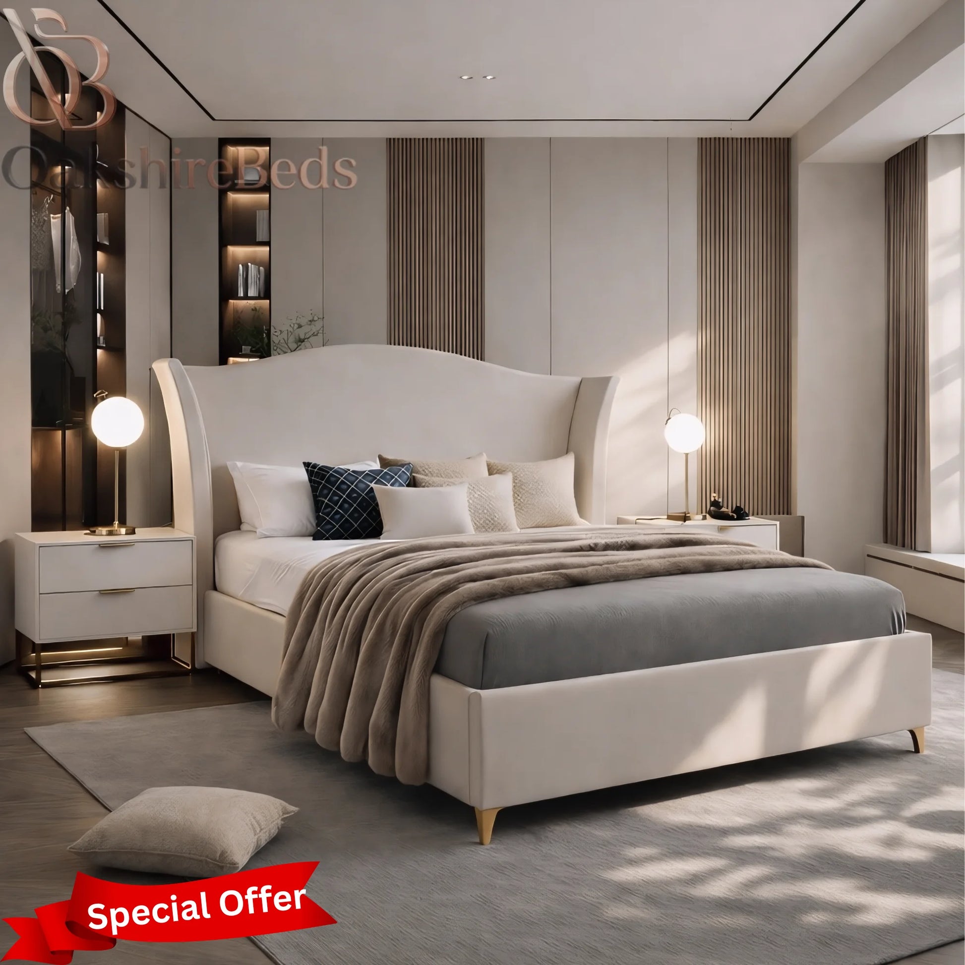 Close-up detail of Dune Wing Bed showing premium upholstered fabric, padded wingback headboard and luxury stitching finish