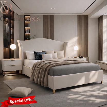 Close-up detail of Dune Wing Bed showing premium upholstered fabric, padded wingback headboard and luxury stitching finish