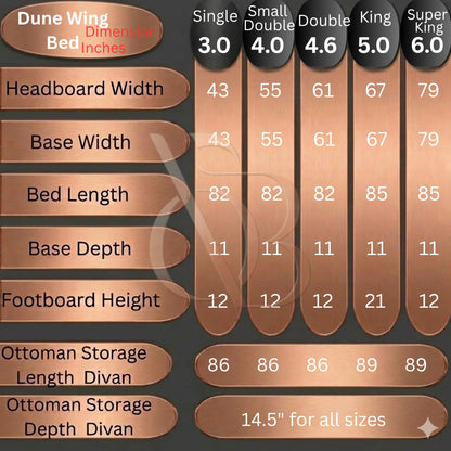 Dune Wing Bed size chart showing UK single, small double, double, king size and super king dimensions