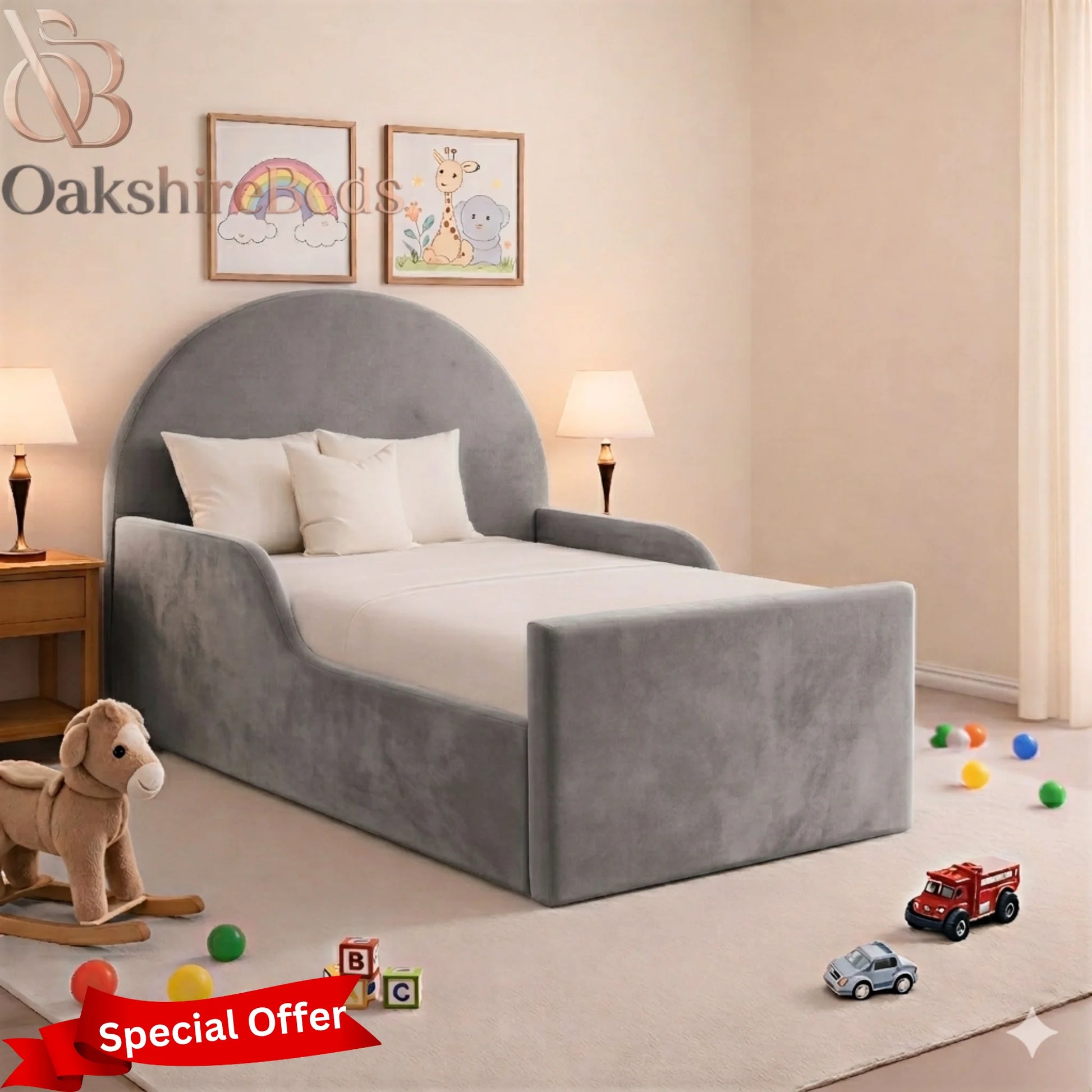 Eden Kids Bed UK | OakshireBeds Luxury Upholstered Children’s Bed grey variation.webp