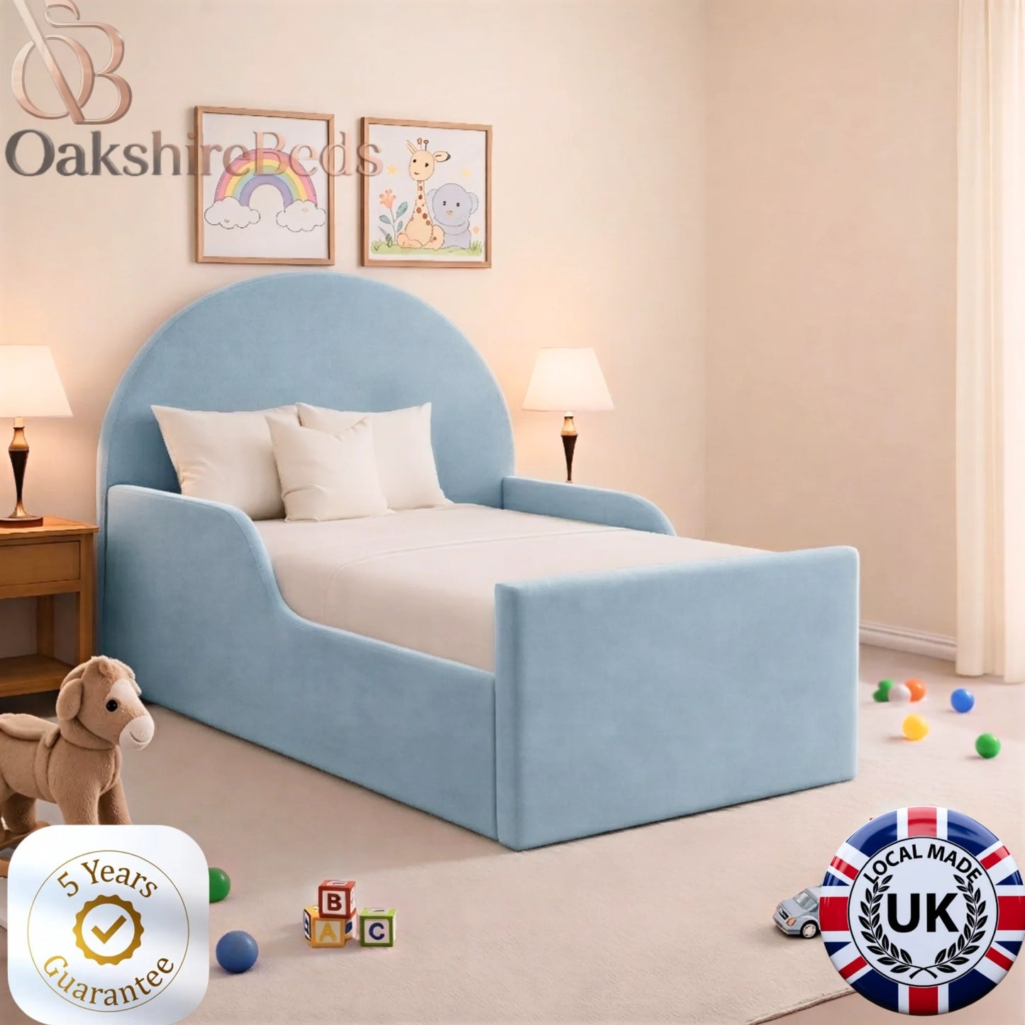 Eden Kids Bed UK | OakshireBeds Luxury Upholstered Children’s Bed Blue variation.webp