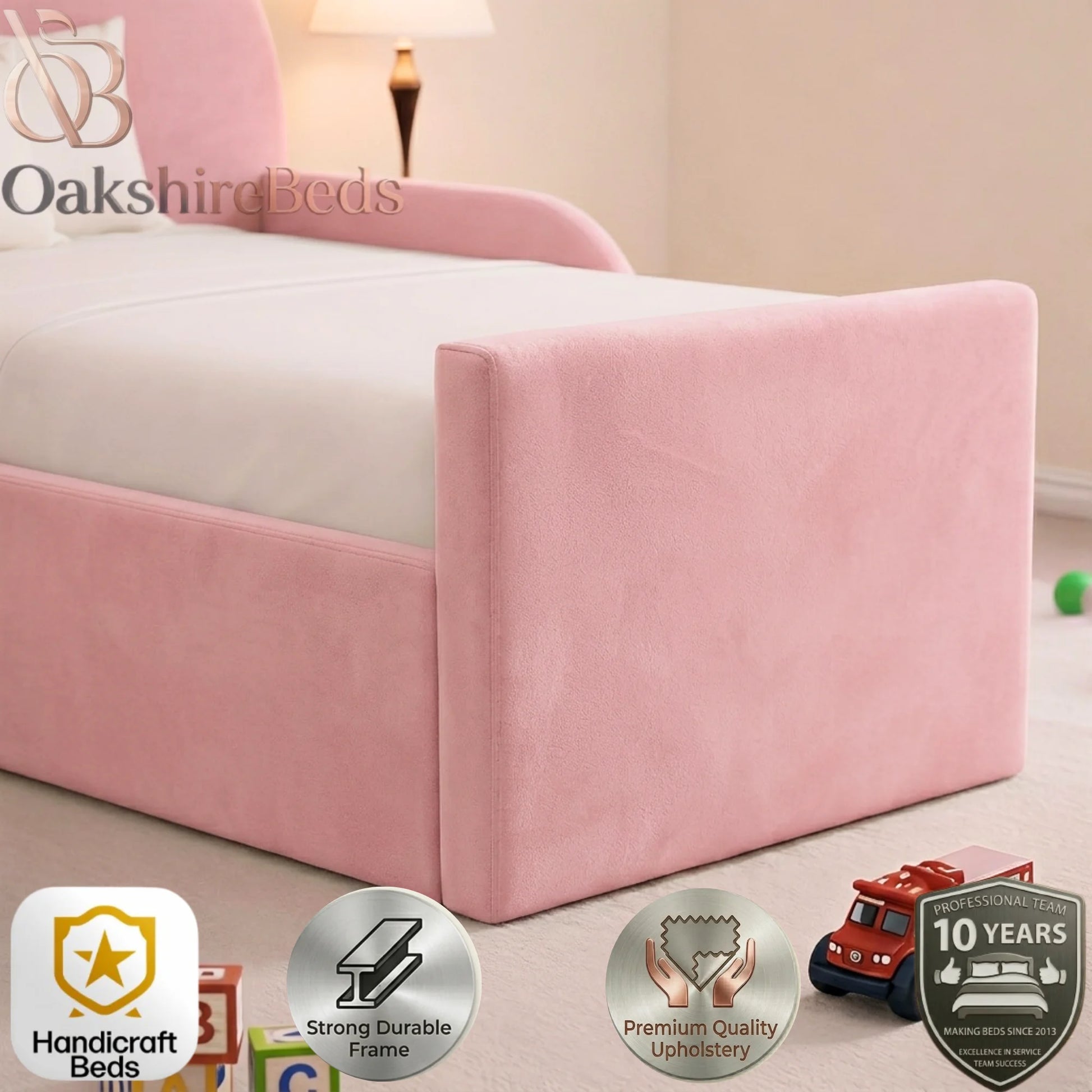 Eden Kids Bed UK | OakshireBeds Luxury Upholstered Children’s Bed Close view bed.webp