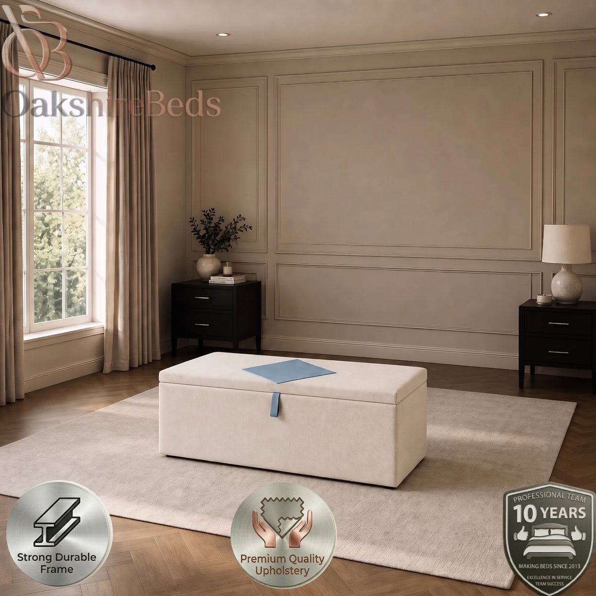 Enzo blanket box positioned at the end of the matching Enzo bed