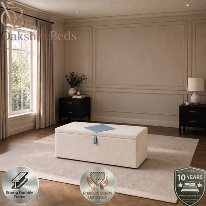 Enzo blanket box positioned at the end of the matching Enzo bed