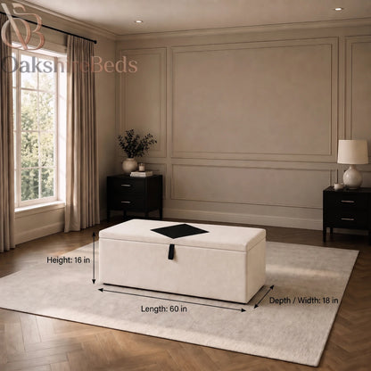 Enzo blanket box size guide showing 16 inch height, 60 inch length and 18 inch depth