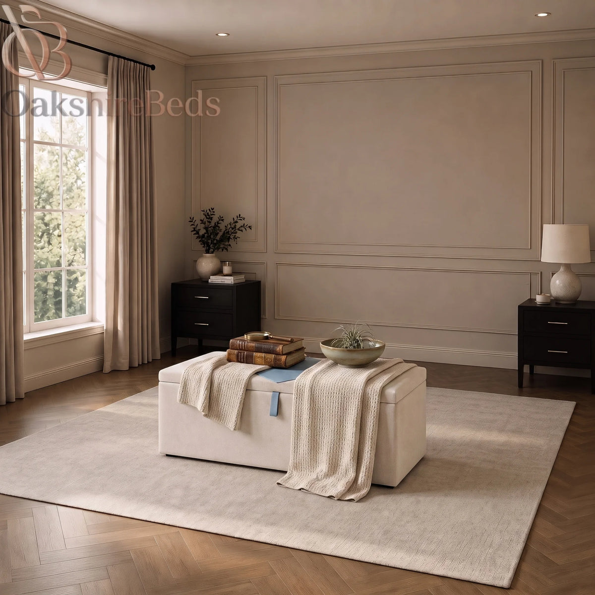 Enzo upholstered blanket box styled in a modern bedroom