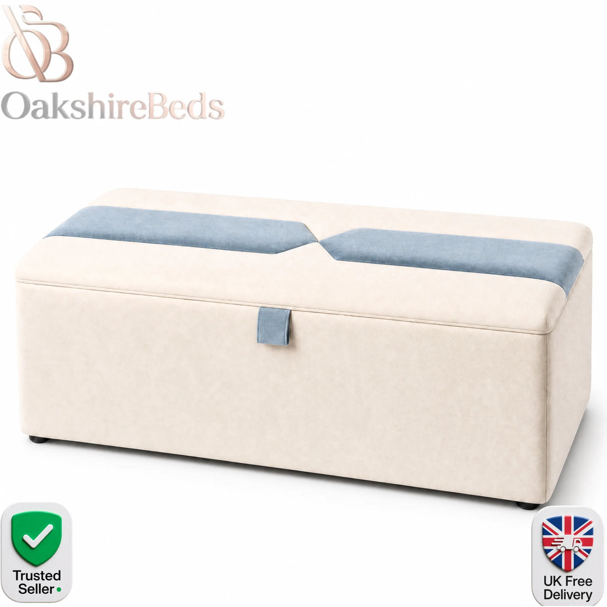 Horizon upholstered blanket box with sculpted dual-design lid