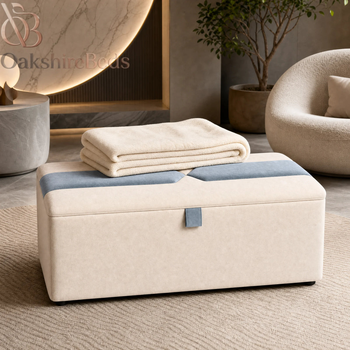 Close-up of Horizon blanket box sculpted lid and contrasting inset panel