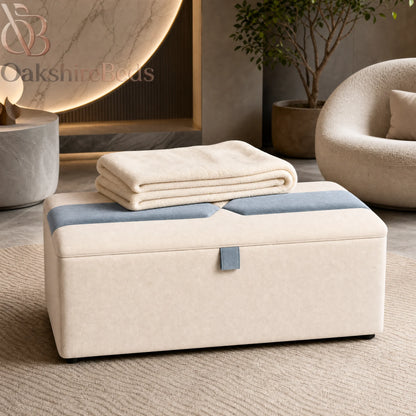 Close-up of Horizon blanket box sculpted lid and contrasting inset panel