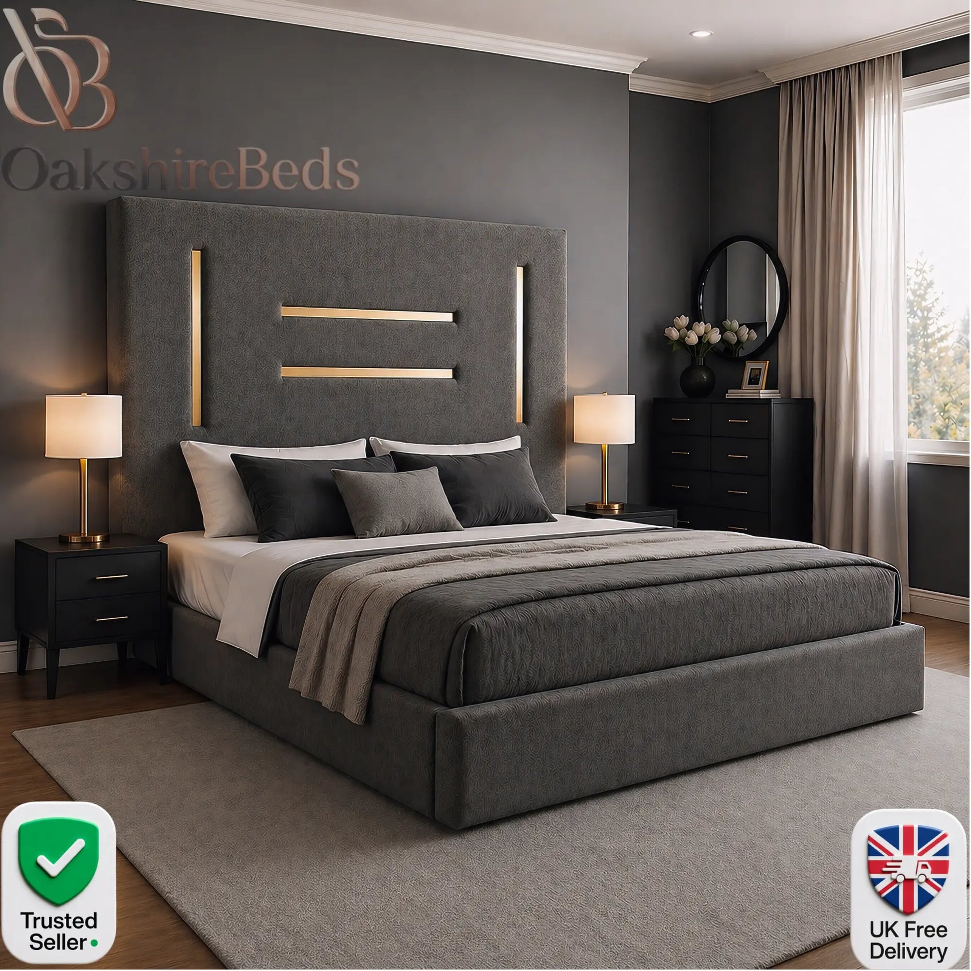 Kensington trimline storage bed UK luxury upholstered bed with gold trim high headboard OakshireBeds