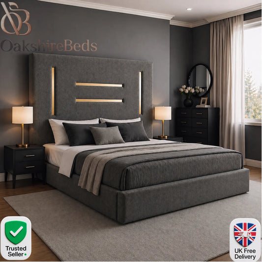 Kensington trimline storage bed UK luxury upholstered bed with gold trim high headboard OakshireBeds