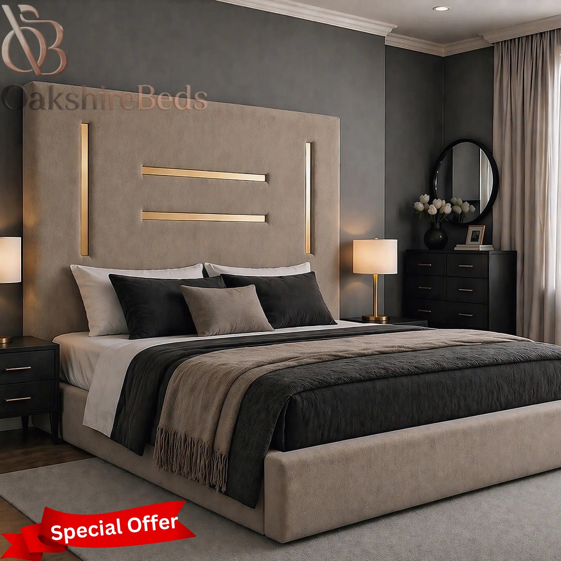 Kensington luxury bed full room setup modern bedroom UK upholstered trimline bed design