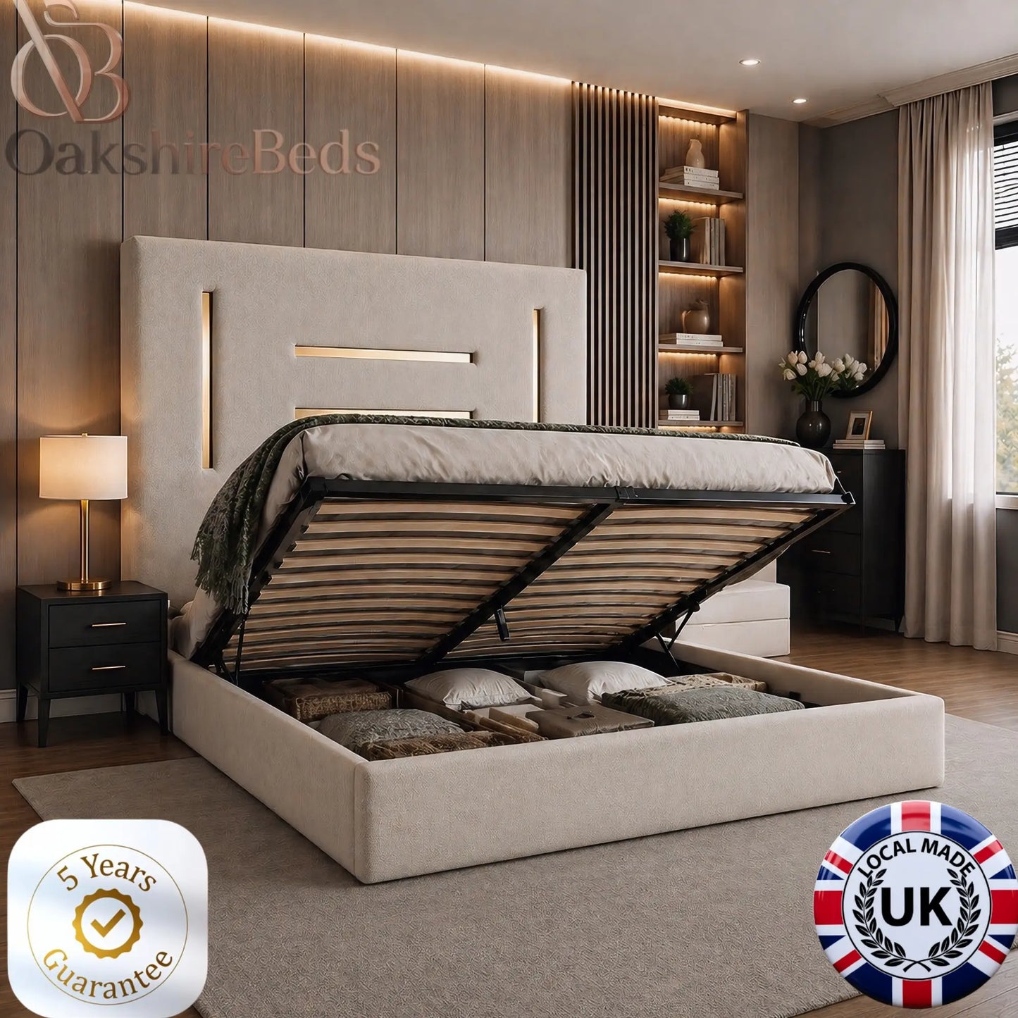 Kensington storage bed ottoman lift mechanism strong frame luxury beds UK OakshireBeds