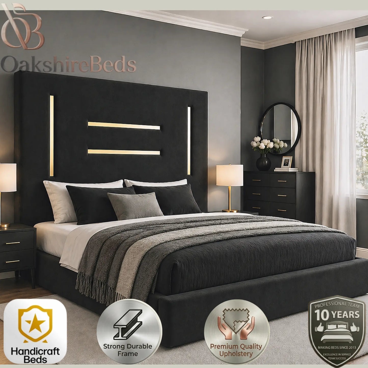 Kensington upholstered storage bed silver trim designer bed UK heavy duty frame OakshireBeds