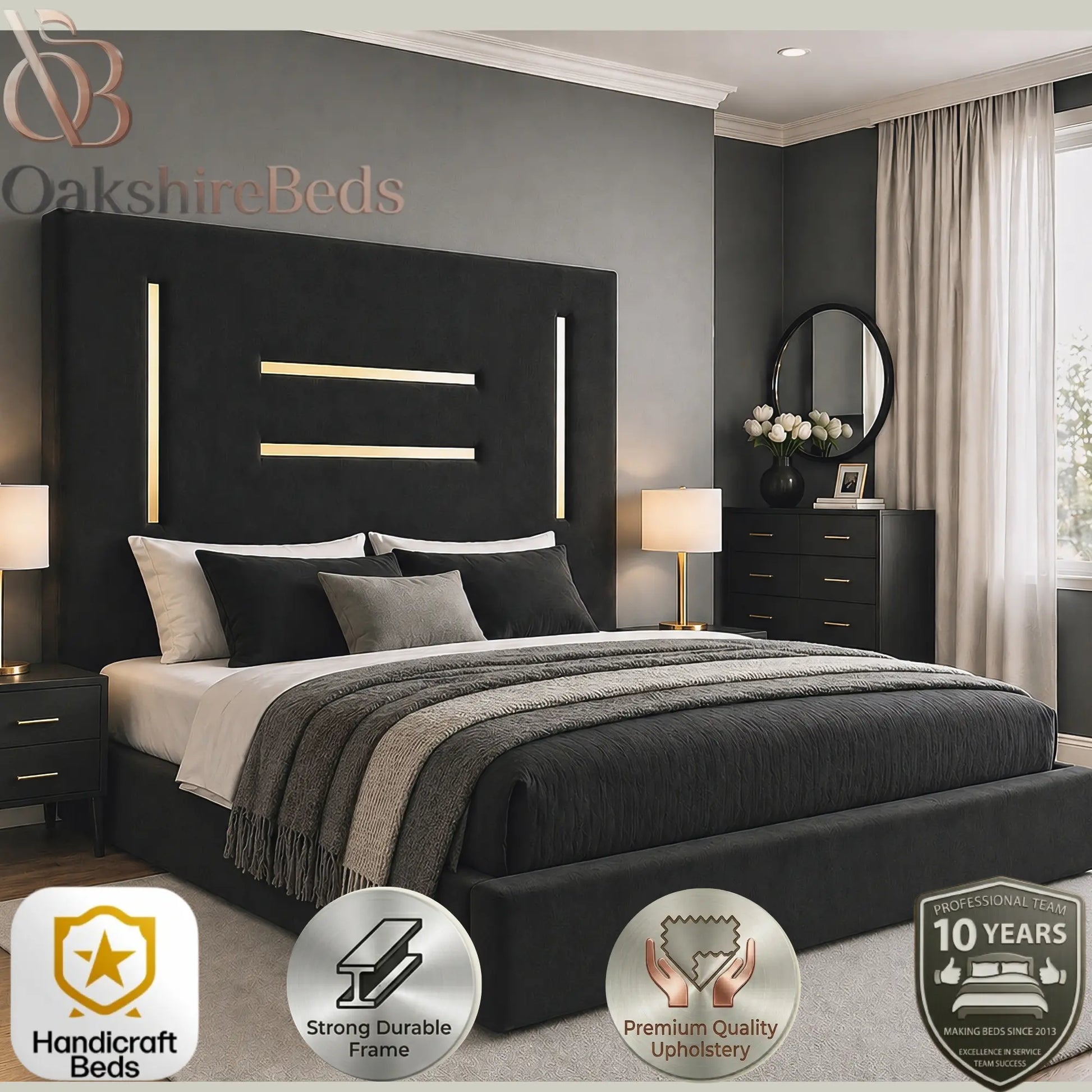 Kensington upholstered storage bed silver trim designer bed UK heavy duty frame OakshireBeds