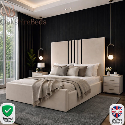 Knox Bed UK by OakshireBeds featuring luxury black trim upholstery, tall modern headboard and premium ottoman storage design