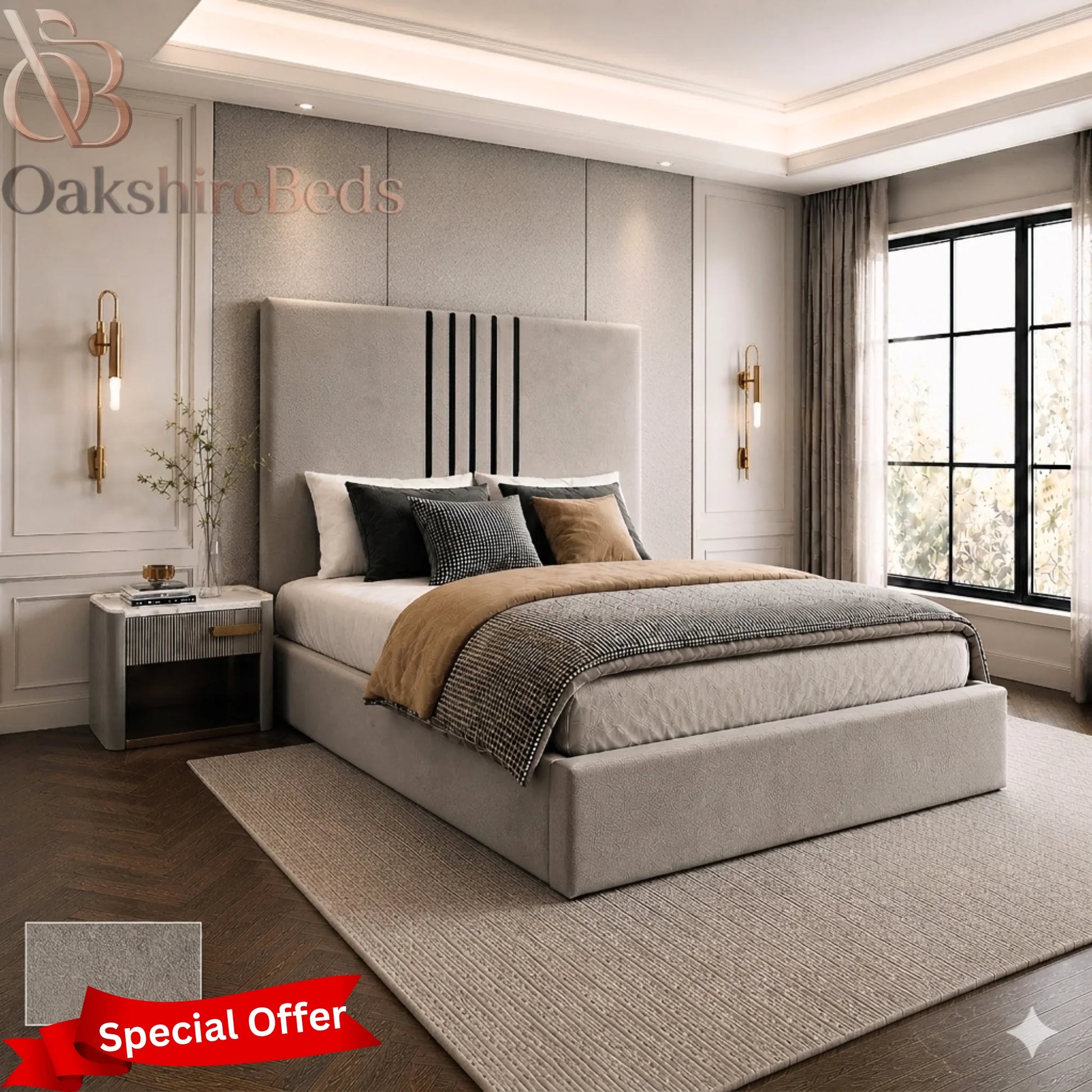 Knox Bed fabric and colour variations with black trim upholstered storage bed styles available at OakshireBeds UK