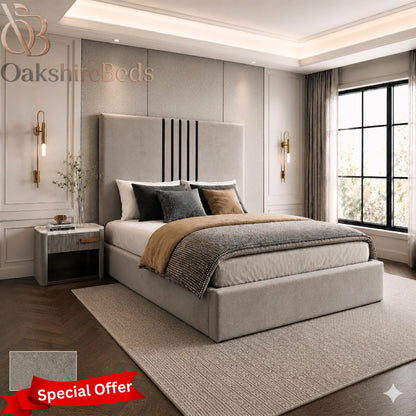 Knox Bed fabric and colour variations with black trim upholstered storage bed styles available at OakshireBeds UK