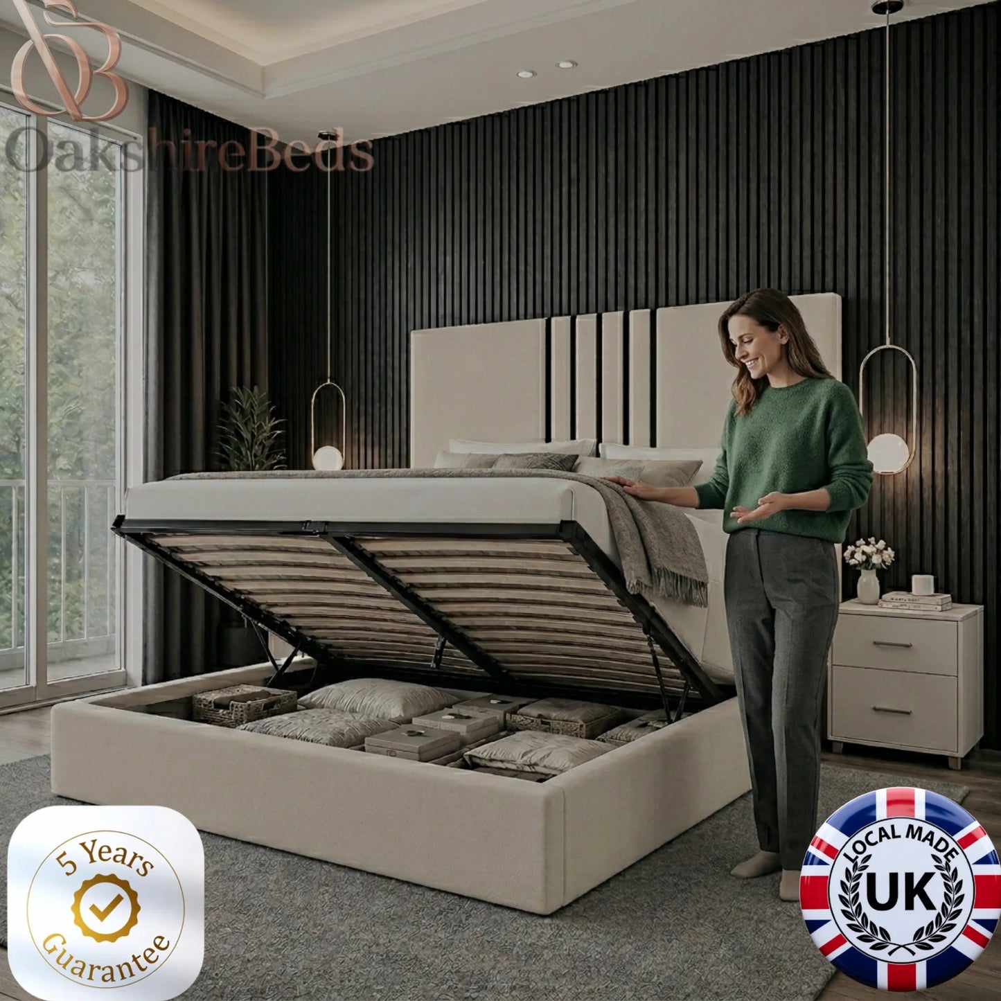 Knox Ottoman Storage Bed with lift-up storage compartment, upholstered black trim frame and modern luxury bed design