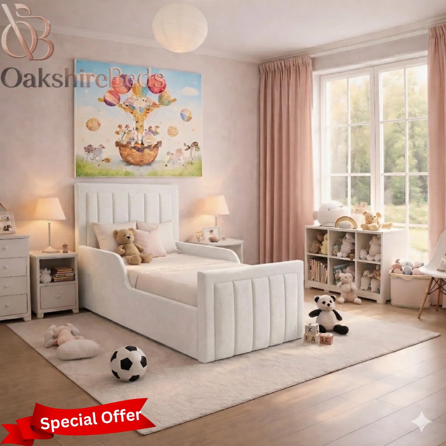 Little Skies Kids Bed UK | OakshireBeds Luxury Upholstered Children’s Bed white color varition.webp