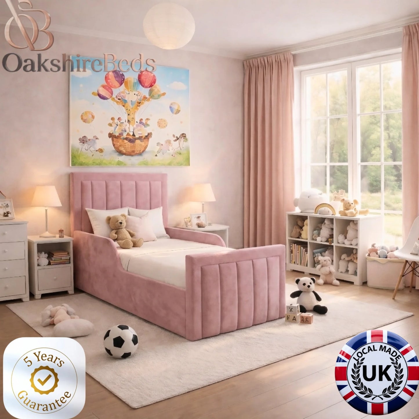 Little Skies Kids Bed UK | OakshireBeds Luxury Upholstered Children’s Bed pink colour variation.webp