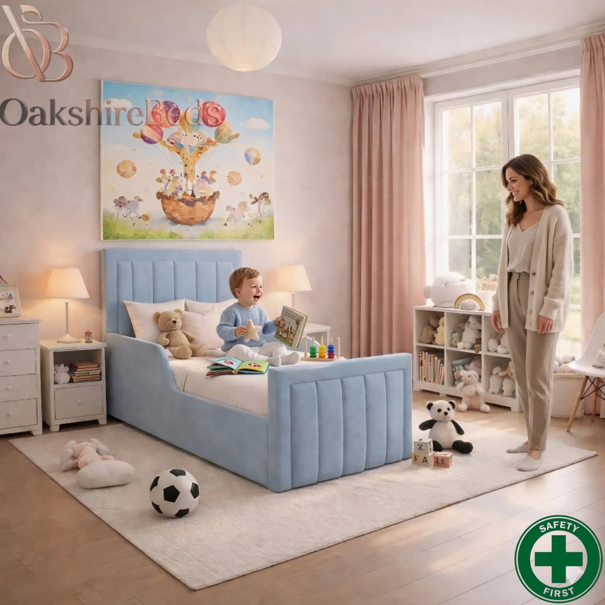 Little Skies Kids Bed UK | OakshireBeds Luxury Upholstered Children’s Bed kids mom enjoy bed.webp