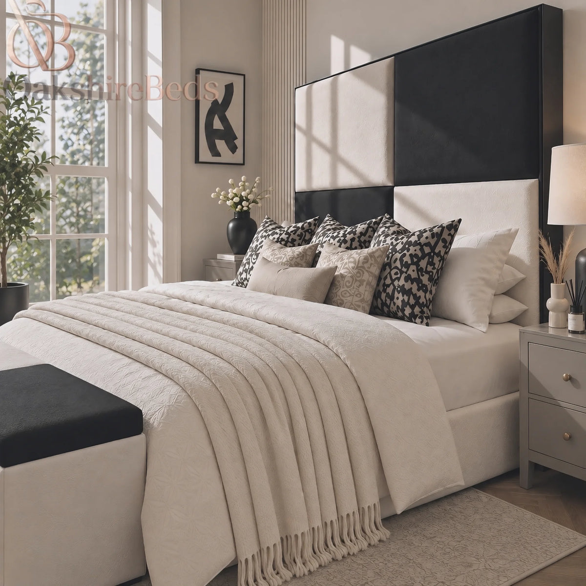 Luma Lift Bed close-up of luxury panelled upholstered headboard
